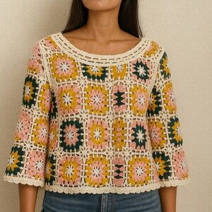 Rebellion Again Crochet Granny Square Top Size L Boho Mid-Sleeve Multicolor